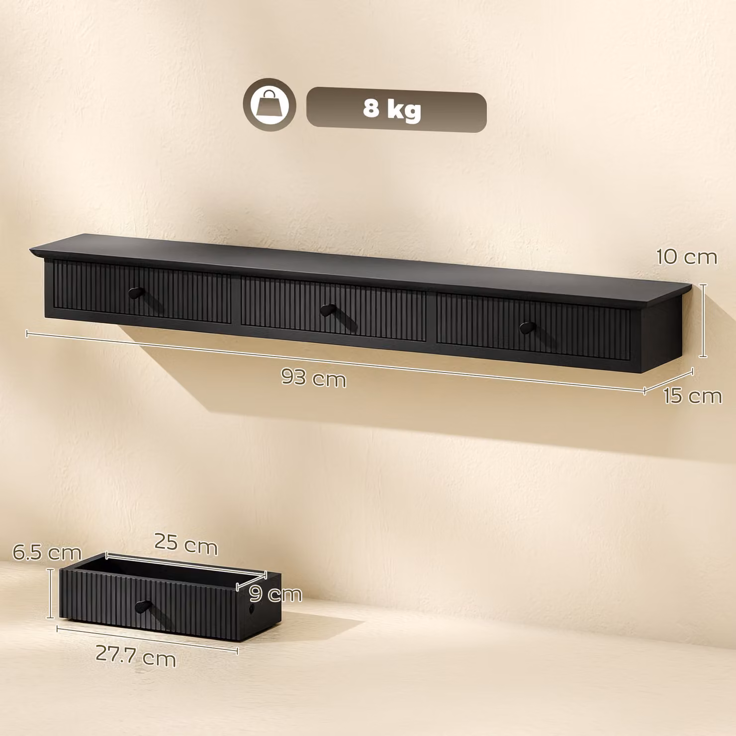 HOMCOM Black MDF Wall-Mounted Storage Shelf, W: 93 cm, D: 15 cm, H: 10 cm – 3