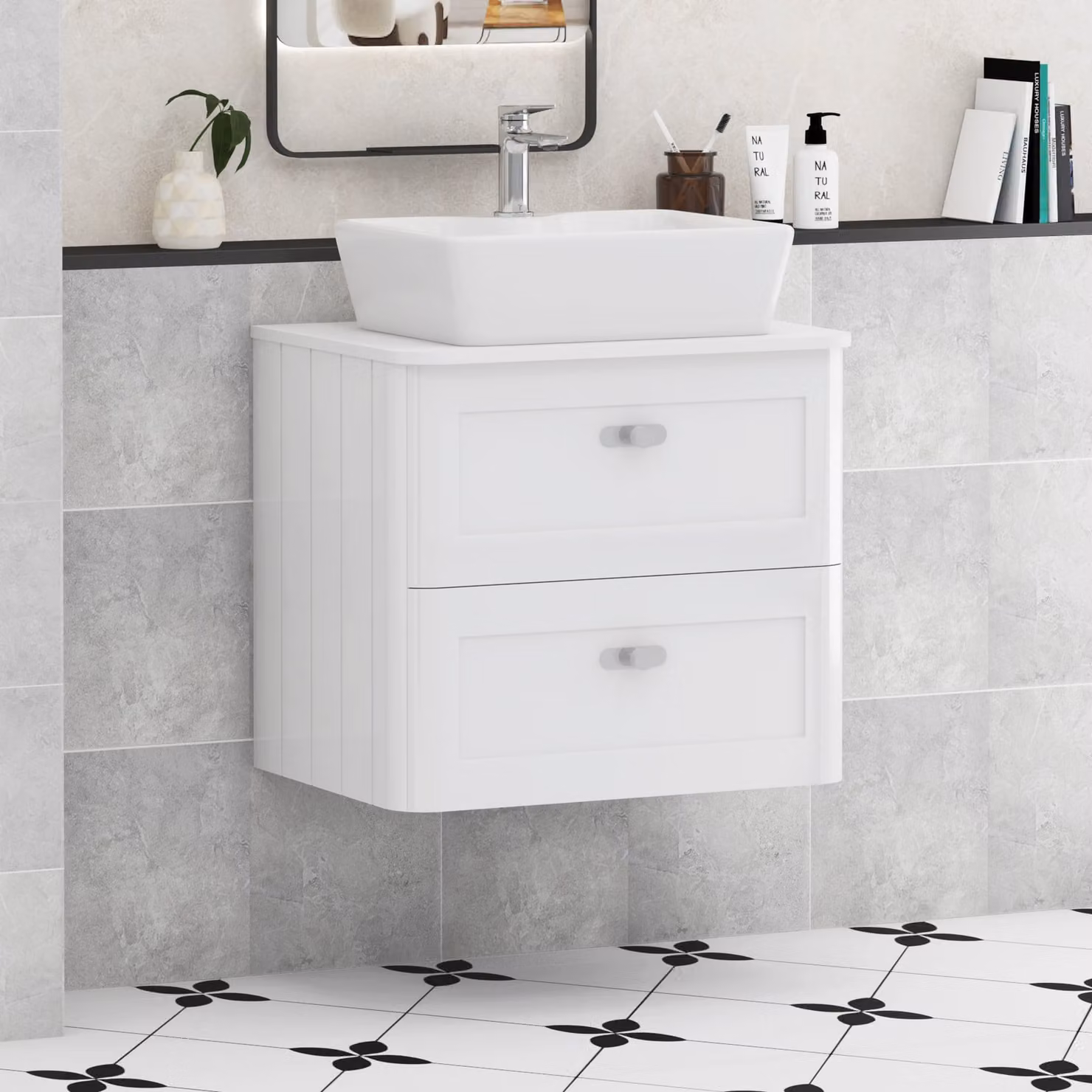 Royal Bathrooms Henley 600mm Gloss White Wall Hung 2 Drawer Vanity Unit with Plain White Worktop and Chrome Knob