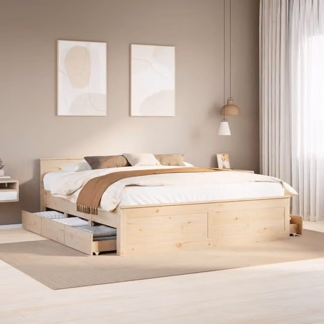 Berkfield Home Super King Solid Wood Pine Bed Frame with Headboard in Brown, W/D/H: 180 x 200 cm