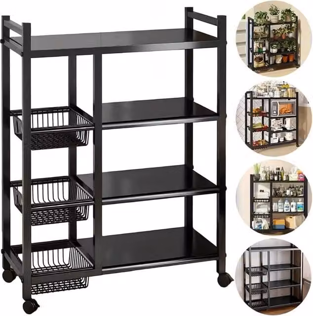 Nordara 4 Tier Black Metal Kitchen Storage Basket Trolley Cart Organiser with Adjustable Shelves