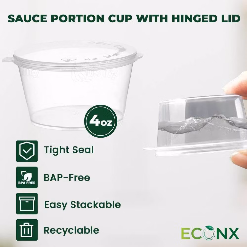 ECONX 1000 Pack Clear Plastic Hinged Sauce Pots with Snap Lids, 4oz Capacity, BPA-Free and Leakproof – 6