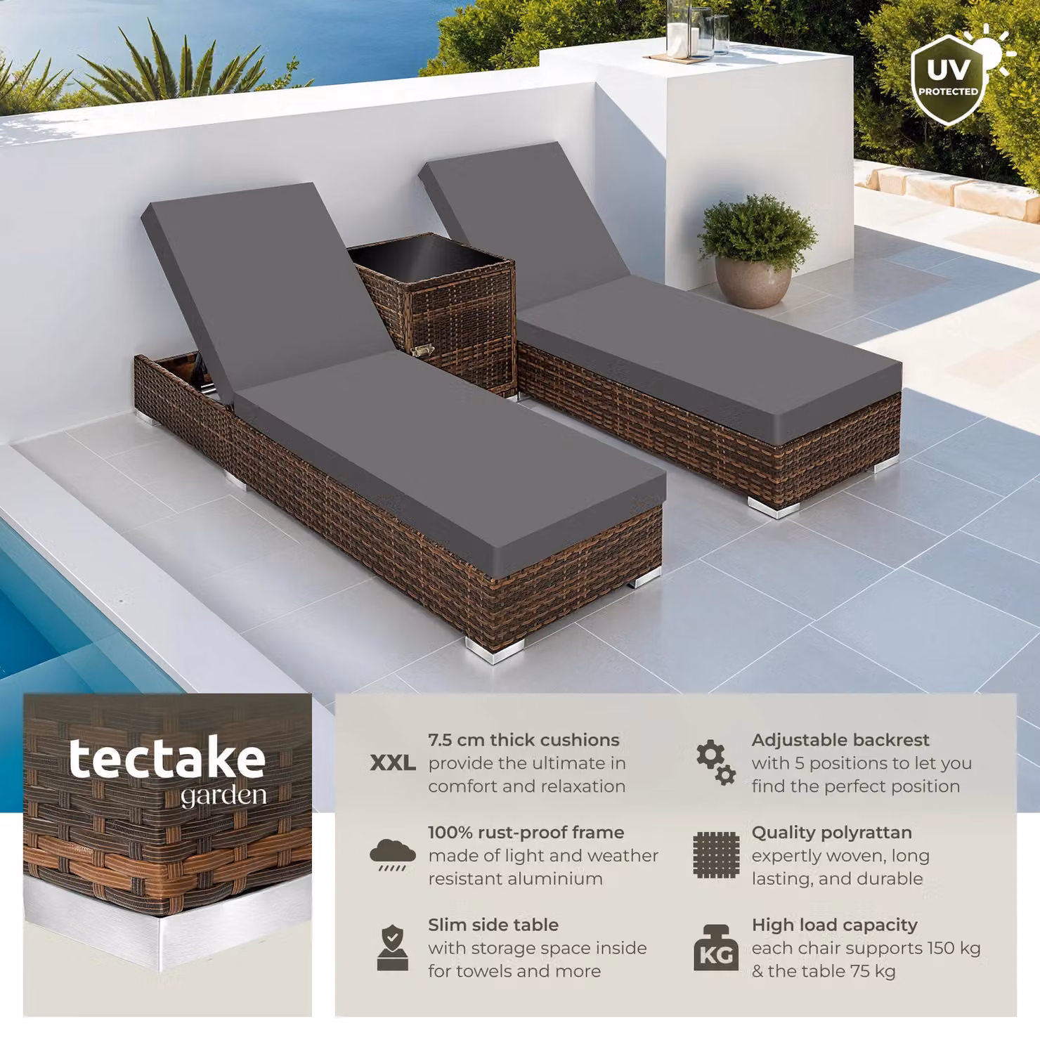 tectake Nautica Set of 2 Brown Polyrattan Lounge Chairs with Adjustable Headrests and Side Trays – 2