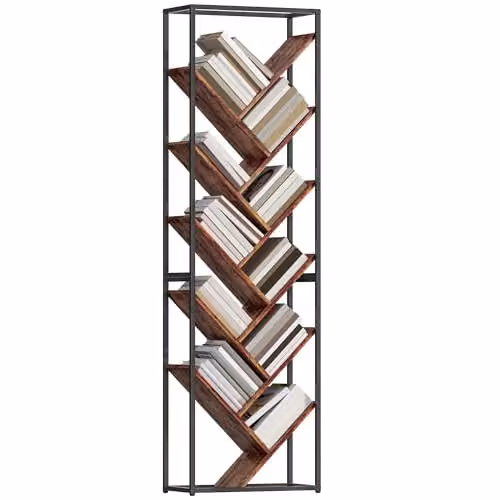 HOMCOM 10 Tier Tree Bookshelf, Industrial Tall Display Bookcase in Brown and Black, H 170 x W 50 x D 24 cm