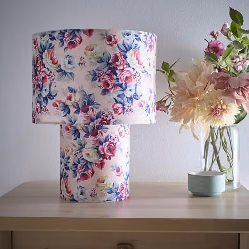 K LIVING Kobe Pink Rose Bud Printed Velvet Table Lamp, Pink and Multicolour, H 30 cm x W 23 cm x D 23 cm