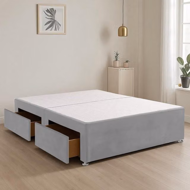 Bed Time UK Plush Fabric Divan Bed Base with 2 Storage Drawers, Silver, W/D/H: 90 x 200 cm