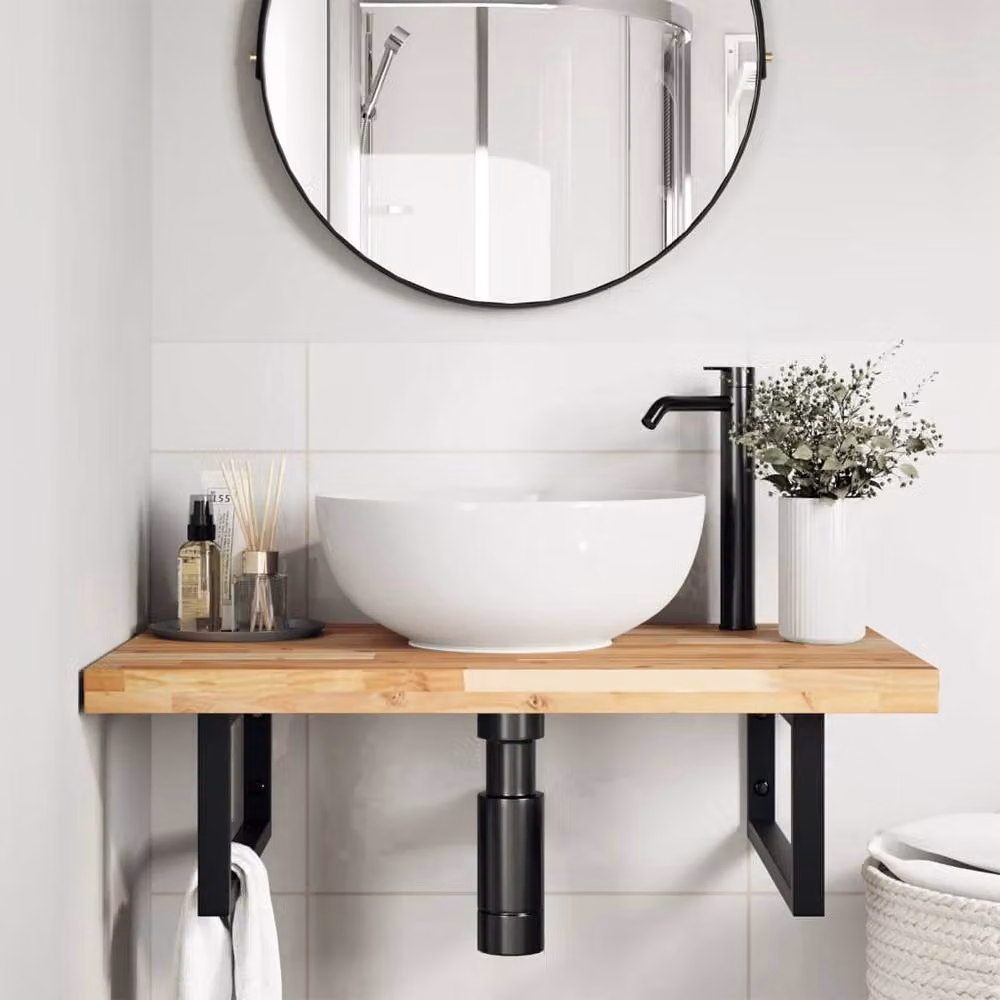 Berkfield Home Wall Mounted Basin Shelf in Brown Acacia Wood and Steel – 2