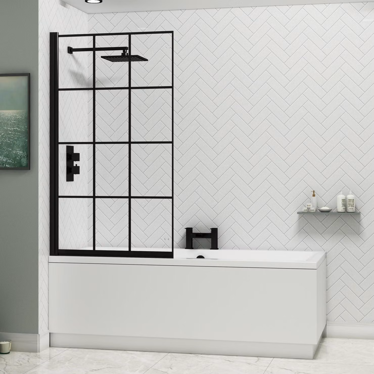 Royal Bathrooms Amaze Square Double Ended Acrylic Shower Bath in White with Black Square Grid Screen, W/D/H: 170 x 75 x 55 cm