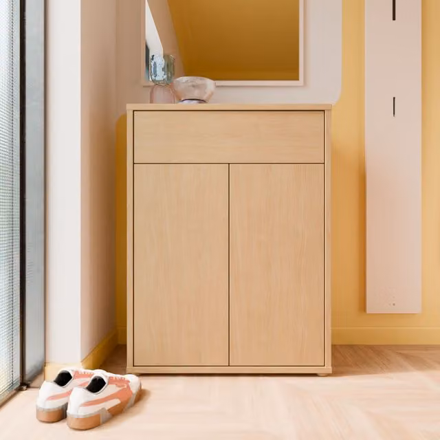 Furniture To Go Alice Springs Shoe Cabinet in Light Grey Elegancia Oak with 2 Push-Open Doors and 1 Push-Open Drawer