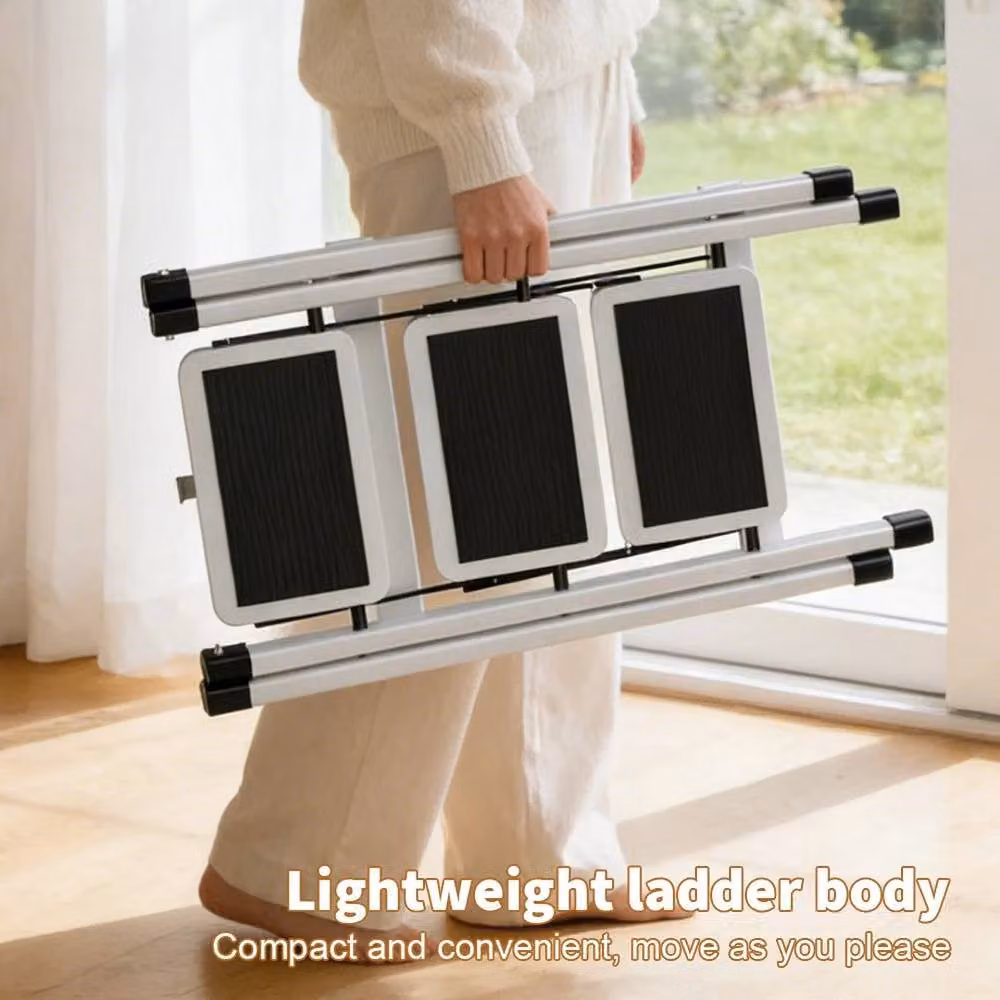 FLAVORA White 3 Step Folding Steel Ladder with Rubber Feet – 3