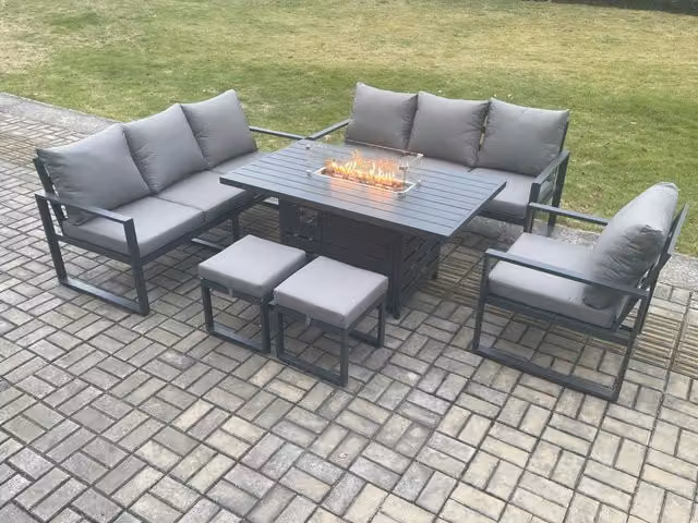 Fimous 9 Seater Aluminium Garden Furniture Set with Gas Fire Pit Dining Table, Cushions and 2 Footstools in Dark Grey