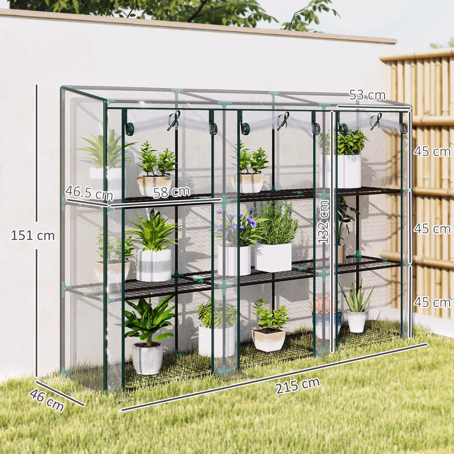 Outsunny 3 Tier Lean-to Mini Greenhouse with Reinforced Plastic Cover and 3 Roll-Up Doors, Clear, W/D/H: 215 x 46 x 151 cm – 3