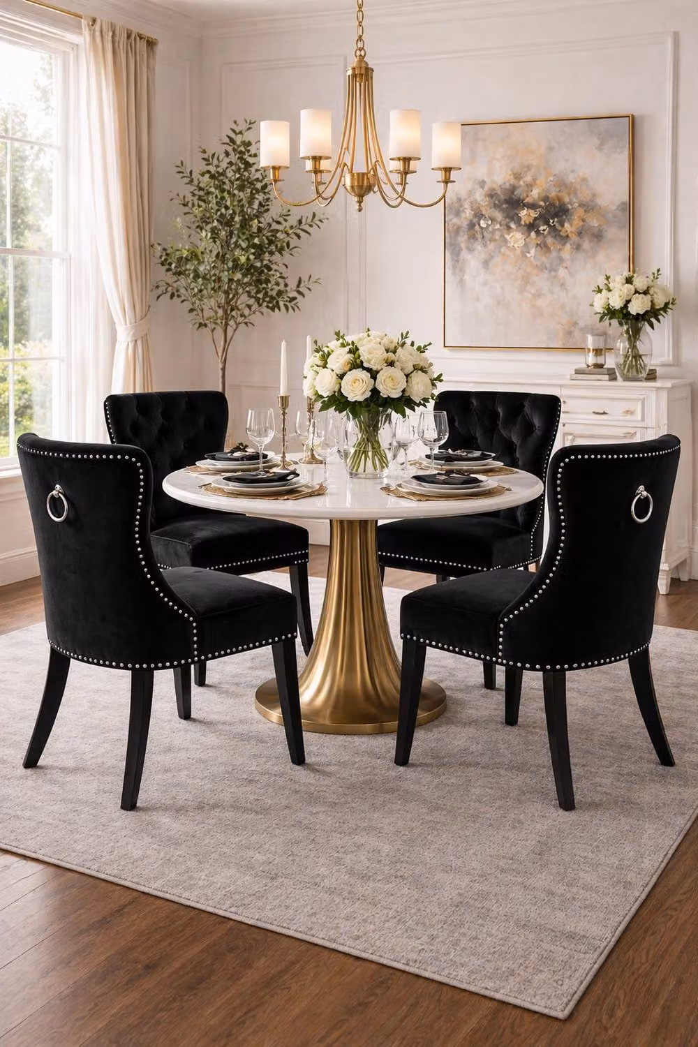 Groundlevel Set of 2 Black Studded Velvet Dining Chairs with Ring Knocker – 3