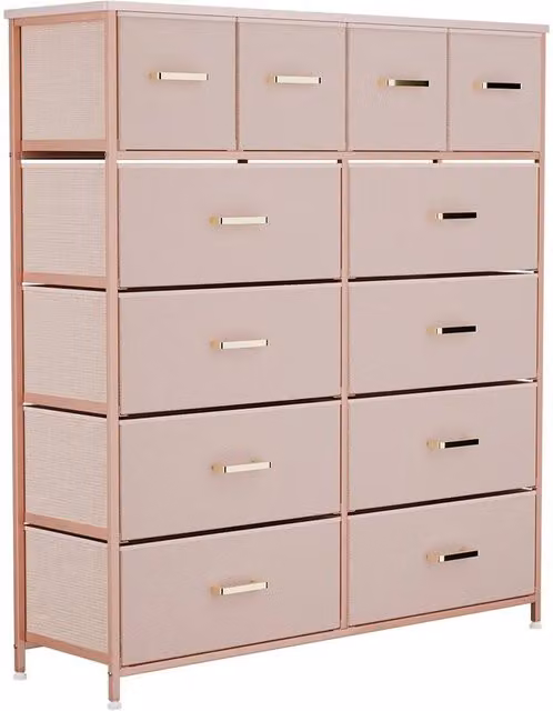 KORVIXA Pink and Gold 12 Drawer Non Woven Chest of Drawers