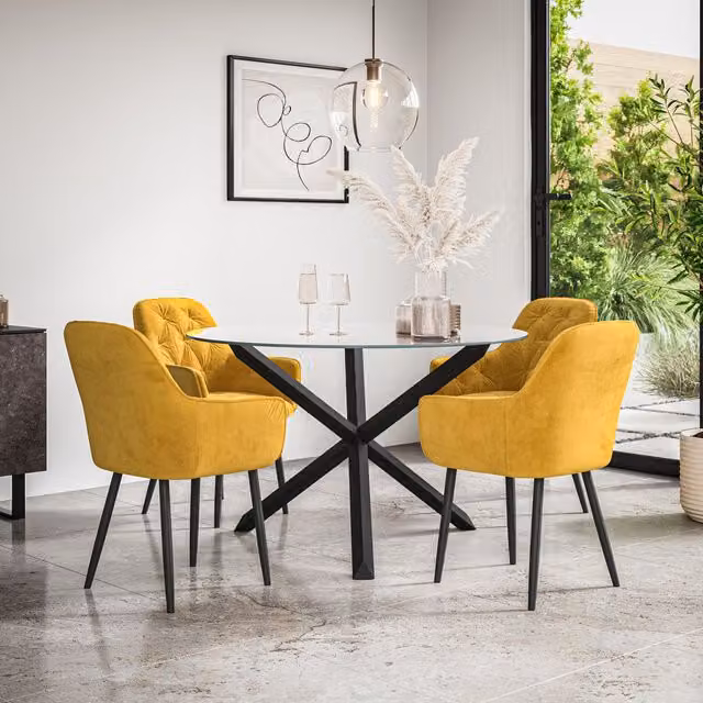 More4Homes Malvern Round Dining Table with Clear Glass Top and Solid Oak Black Legs and Anika Mustard Velvet Dining Chairs Set of 4