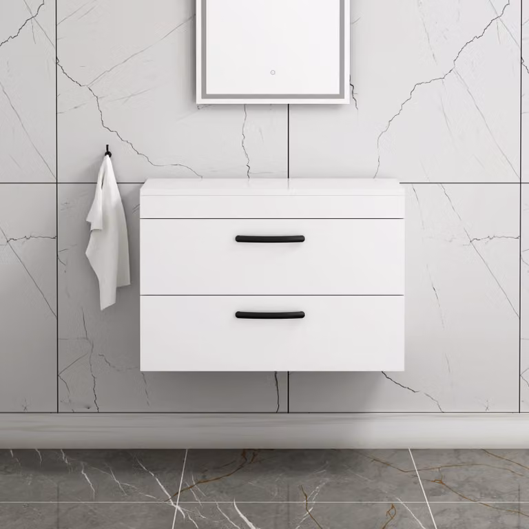Royal Bathrooms Gloss White Wall Hung 2 Drawer Vanity Unit with Matt Black Handles
