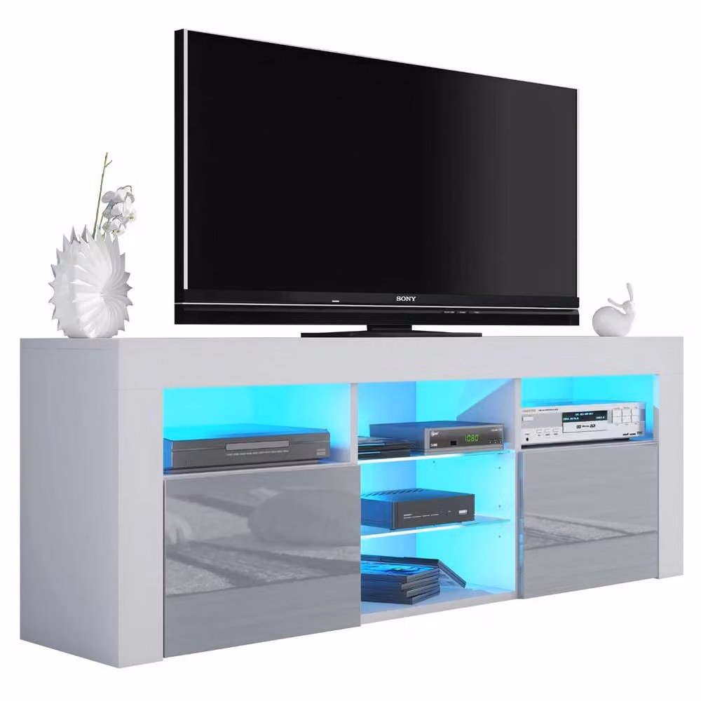 PAWNORA Modern TV Unit with White Matt Body and Grey High Gloss Fronts – 2