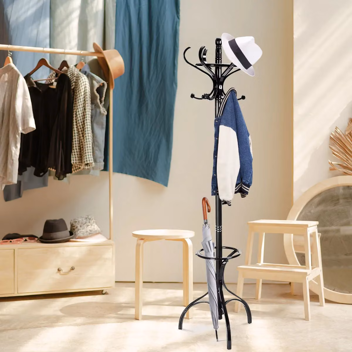 Costway Birch Wood Coat Rack Tree in Black with 12 Hooks and Umbrella Holder – 2