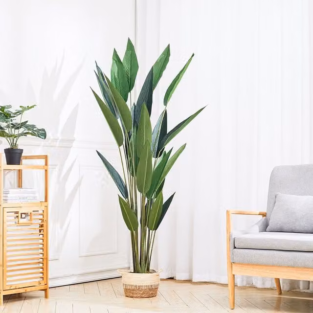 Livingandhome Artificial Tropical Green Plant with Black Round Pot, Height: 180 cm