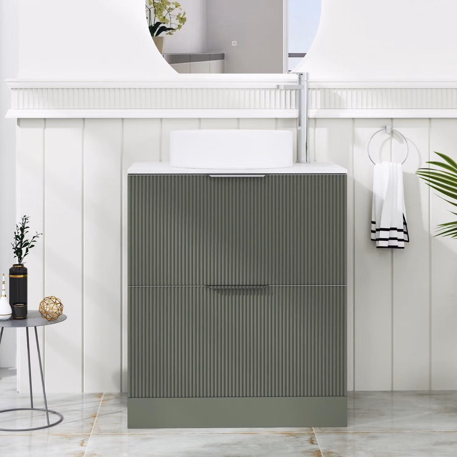 Royal Bathrooms Evora Sage Green Fluted Floor Standing Countertop Vanity Unit with 2 Drawers and Art Basin