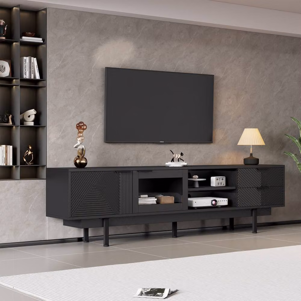 ModernLuxe Black TV Cabinet Stand with 2 Drawers, Doors and Open Shelf, W/D/H: 200 x 40 x 50.5 cm – 2