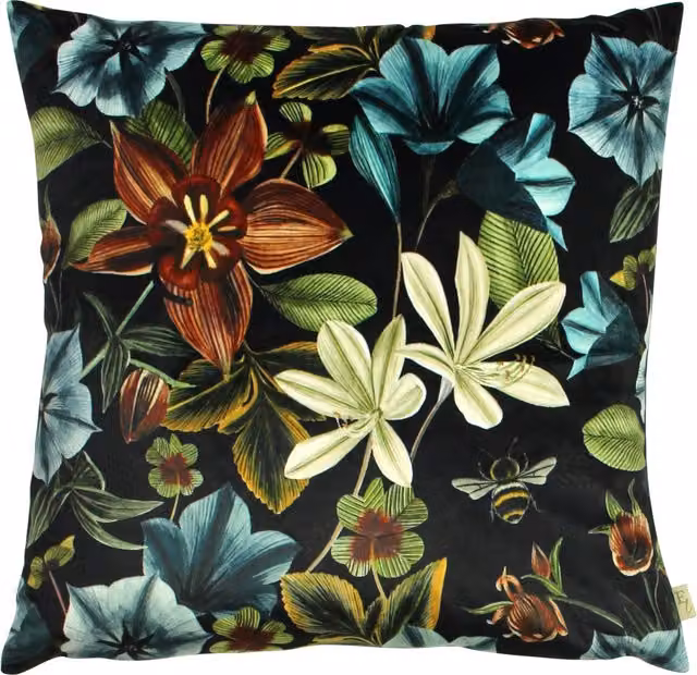 Make it a Home Midnight Garden Floral Square Velvet Feather Rich Cushion in Petrol and Multicolour, W: 43 cm