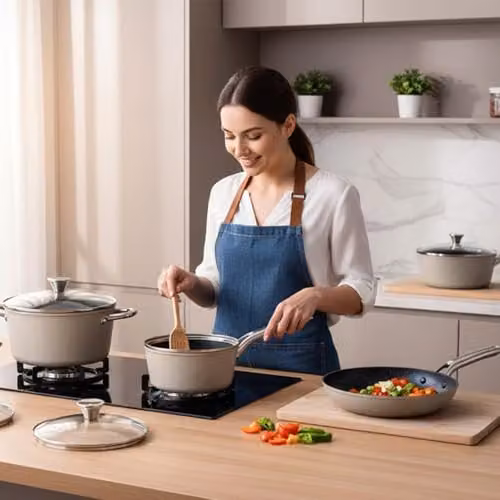 Alivio 10 Piece Non-Stick Aluminium Alloy Cookware Set with Lids in Beige, Compatible with Induction, Gas, Electric and Halogen Cooktops – 2