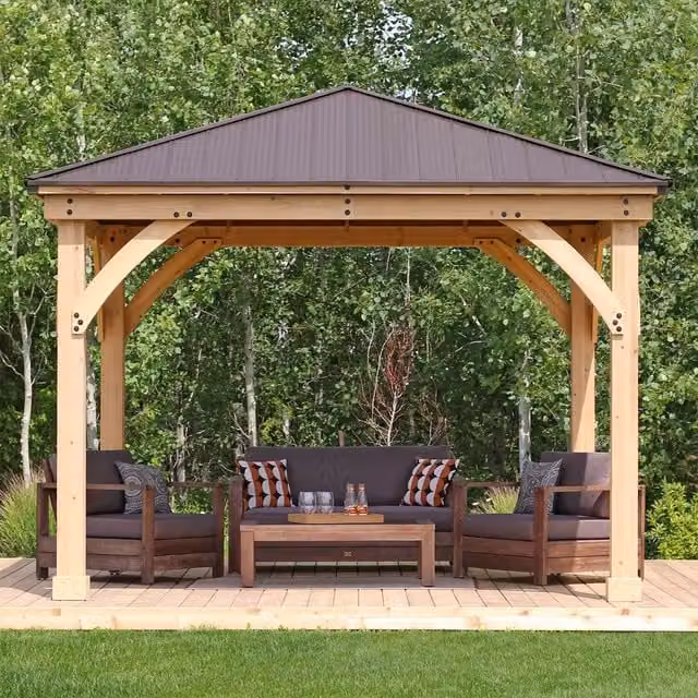 Yardistry Meridian Gazebo in Brown with Hip Roof and Rustic Wood and Metal Design W/D/H: 365.76 x 365.76 x 365.76 cm