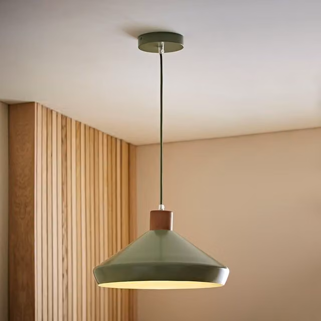 ValueLights Parker Walnut Mid-Century Accent Pendant Ceiling Light in Green and Cream