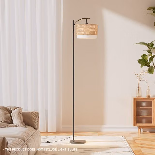Livingandhome Modern Black Floor Lamp with Rattan and Fabric Cylinder Lampshade