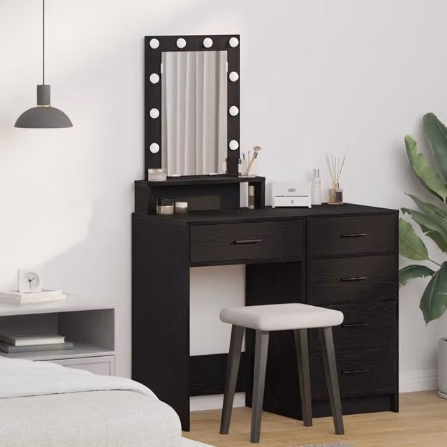 Berkfield Home Hollywood LED Makeup Table in Black Oak, W: 50 cm, D: 41 cm, H: 140 cm