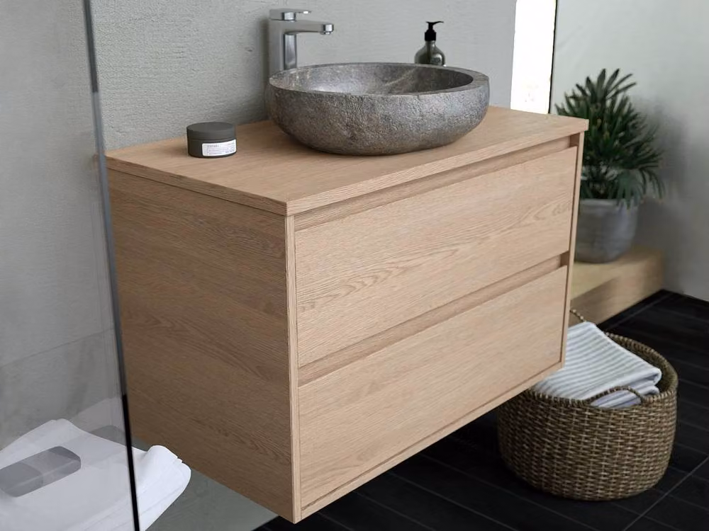 Vente-unique Scandinavian Bathroom Unit with Free-Standing Stone Washbasin in Light Oak, W: 80 cm, D: 45 cm, H: 65 cm – 3