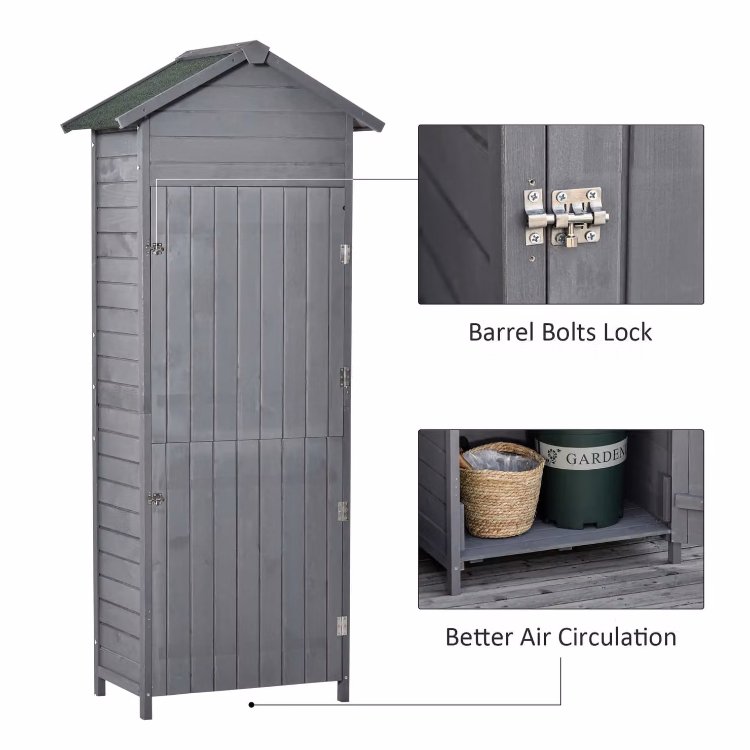 OUTSUNNY Wood Garden Storage Shed Tool Cabinet with Gable Roof in Mid Grey, W/D/H: 65.0 x 44.0 x 189.0 cm – 4