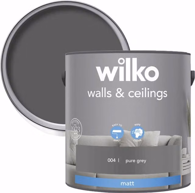 wilko Walls and Ceilings Matt Emulsion Paint, Pure Grey, 2.5 l
