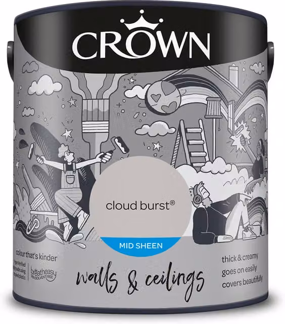 Crown Cloud Burst Mid Sheen Emulsion Walls and Ceilings Paint, Grey, 2.5l