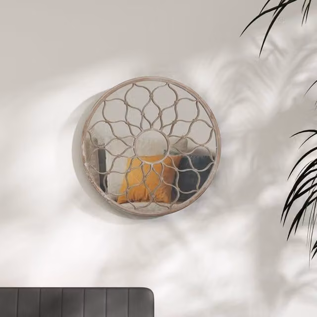Berkfield Home Round Floral Metal Wall Mirror in Beige, W: 60 cm, D: 3 cm