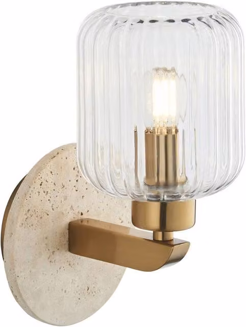 Netlighting Travi Ribbed Wall Lamp in Beige Marble with Vintage Brass and Transparent Glass, E14 – 1