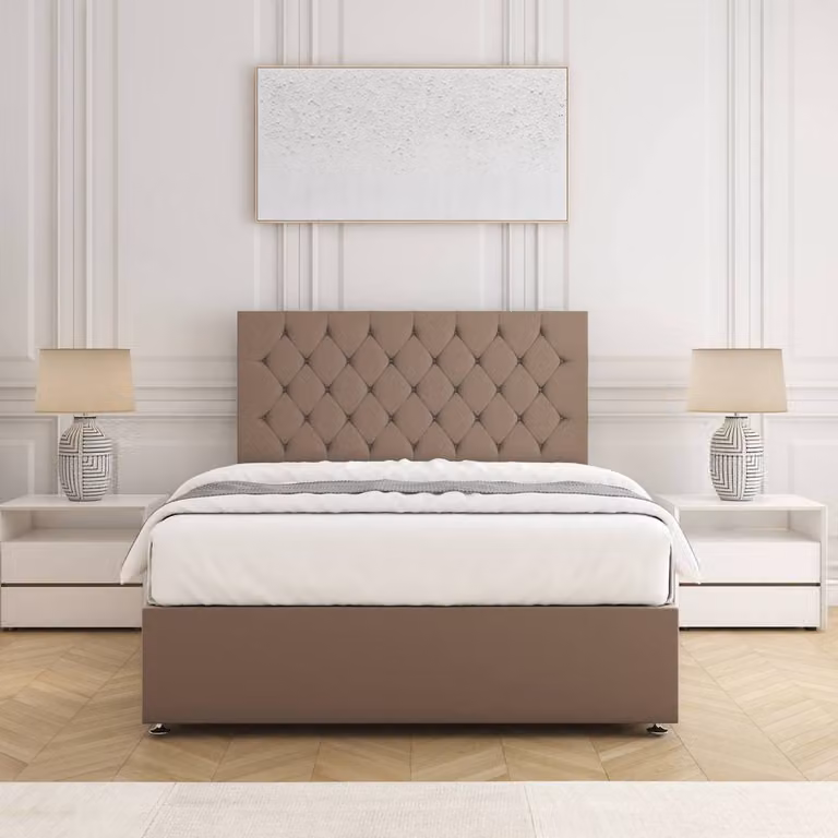 BSSPOKE Mia Plush Velvet Divan Bed Set with 24 inch Headboard, 2 Drawers, Footend and Mattress in Bronze, Size: Double (W: 140 cm, D: 200 cm)