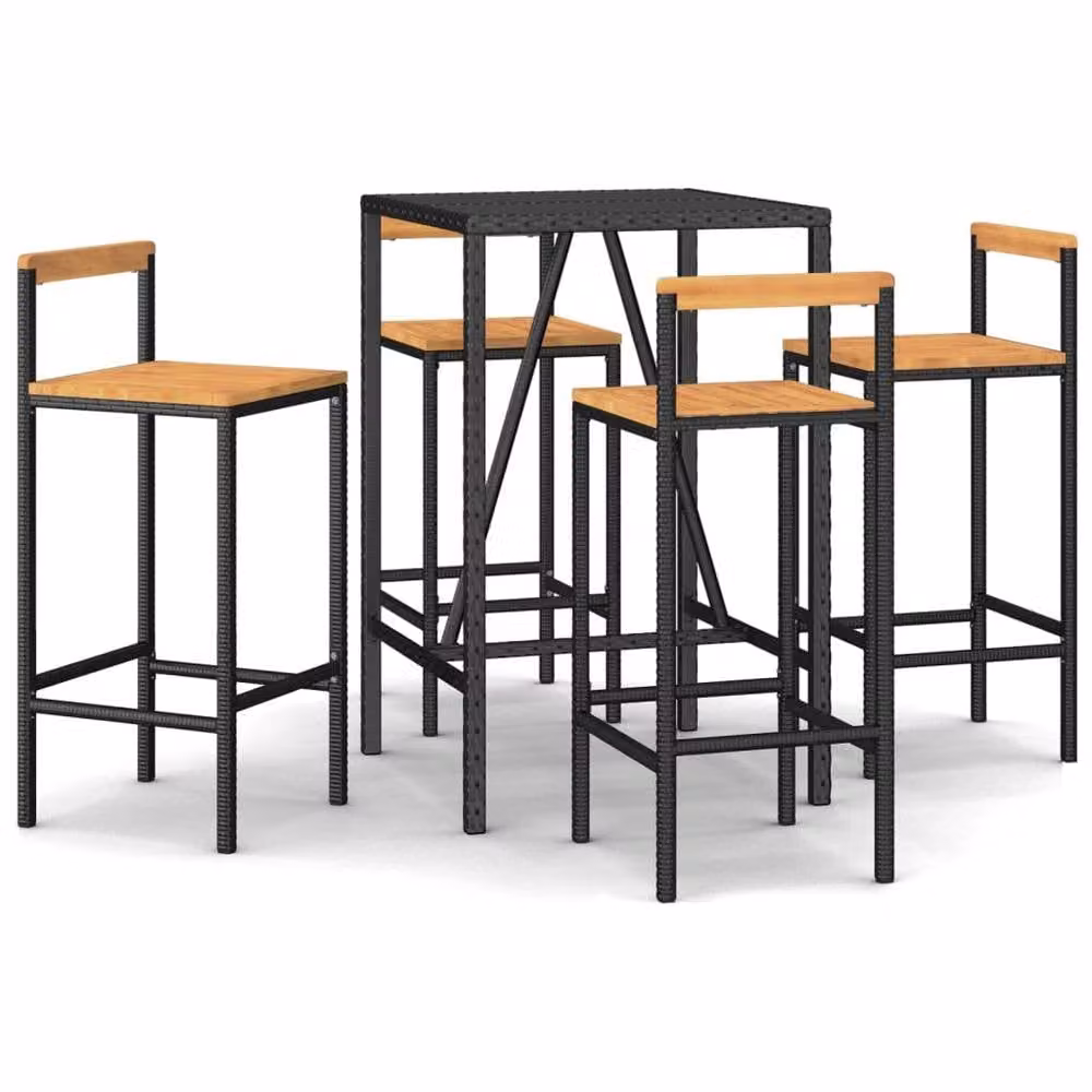 Berkfield Home 5 Piece Garden Bar Set in Black Poly Rattan and Solid Acacia Wood – 2