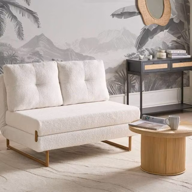 Wyld and Coco Two Seat Sofa Bed in Off-White Boucle with 5-Position Reclining and Metal Frame, 120 x 200 cm