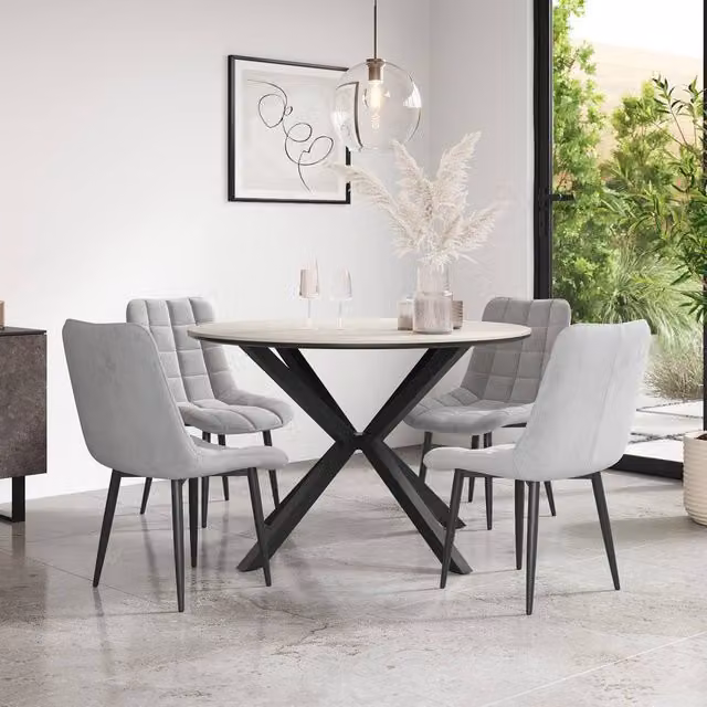 More4Homes Calne White Marble Ceramic Round Dining Table and 6 Nova Grey Velvet Chairs, Diameter: 120 cm, Height: 75 cm