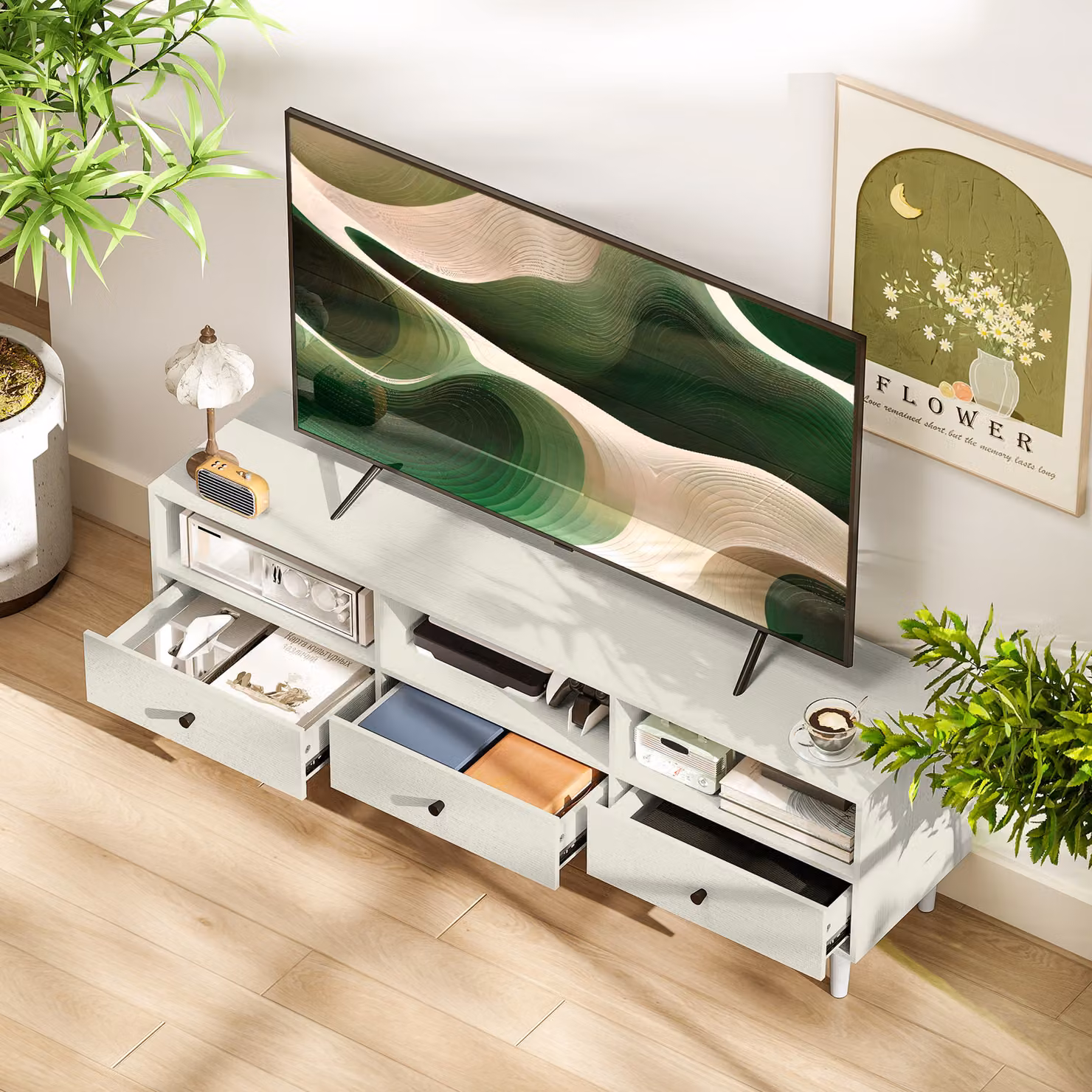 HOMCOM Modern Multi-Storage Minimalist TV Stand in White – 5