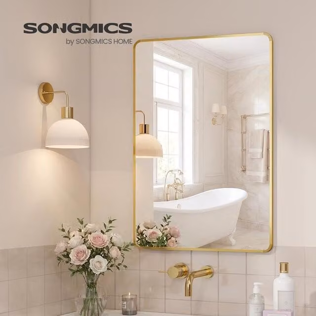 SONGMICS Wall Mounted Rectangular Bathroom Vanity Mirror in Gold, W: 91 cm, H: 61 cm