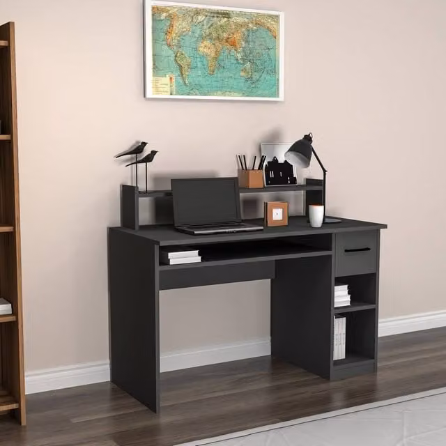 Destina Home Eslem Computer Desk in Anthracite Grey with Drawer and Shelves – 1
