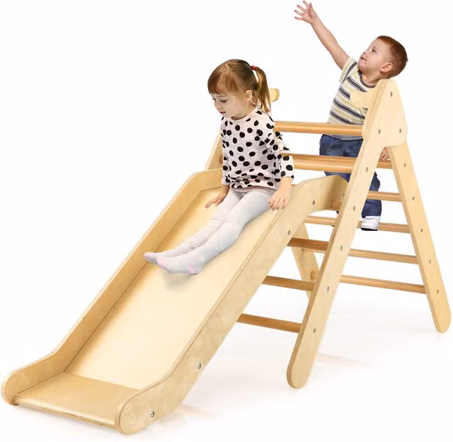 COSTWAY 2-in-1 Wooden Triangle Climbing Frame with Slide in Natural Brown
