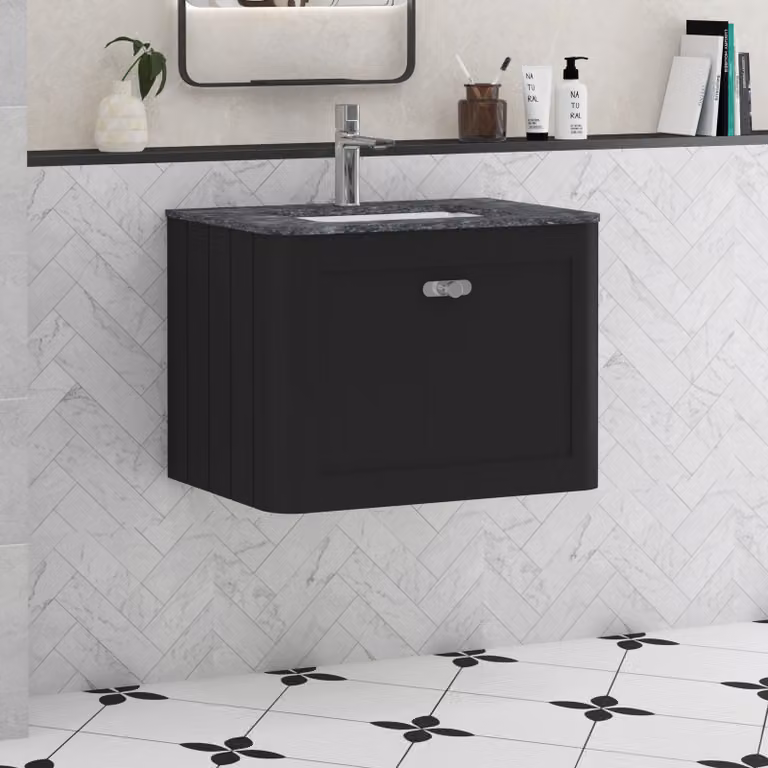 Royal Bathrooms Henley 600mm Matt Nocturne Black Wall Hung Vanity Unit with 1 Drawer and Black Star Stone Top