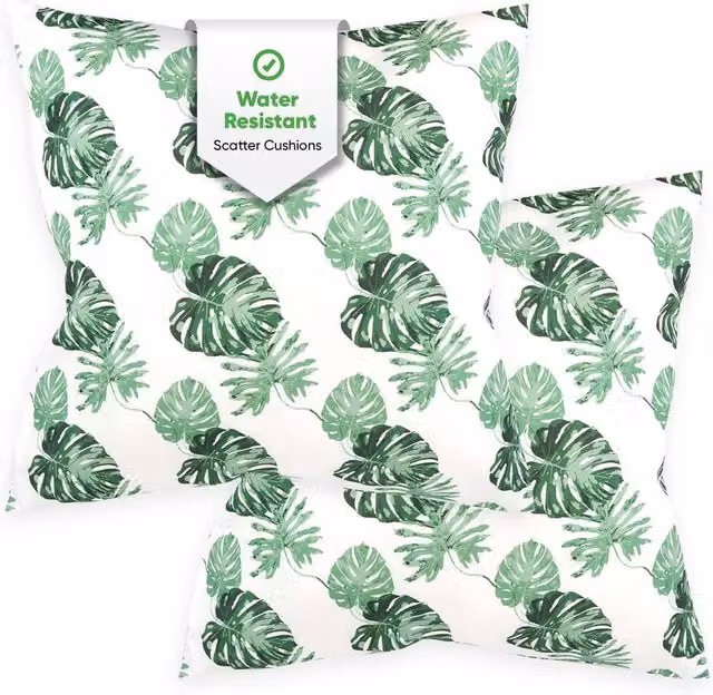 Gardenwize Pack of 2 Bali Leaf Printed White Square Outdoor Scatter Cushions