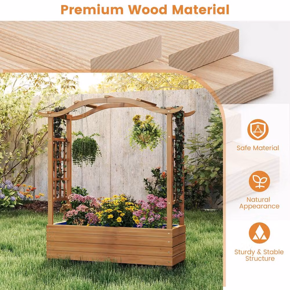 Gymax Solid Wood Raised Garden Bed with Trellis and Hanging Roof, Brown, W/D/H: 124 x 36 x 99 cm – 8