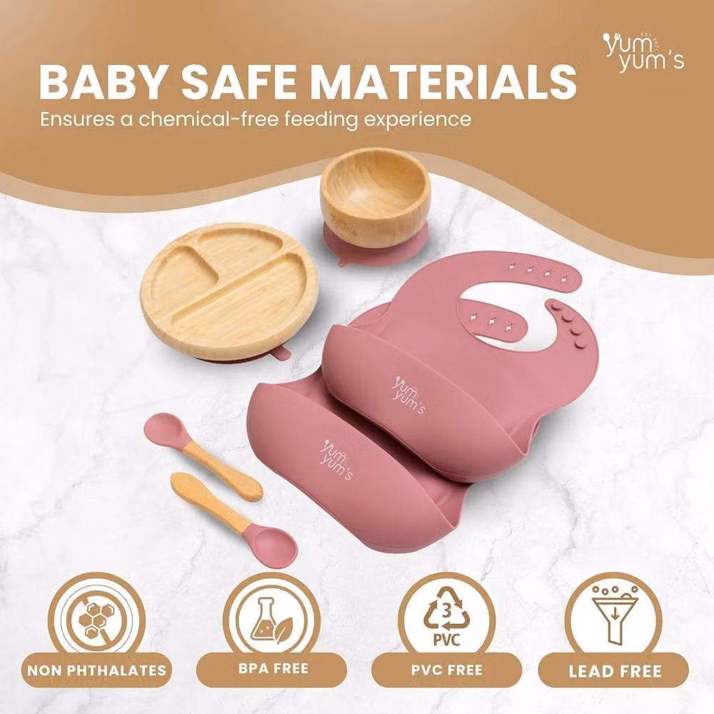 Yum Yums 6-Piece Pink Silicone and Bamboo Baby Weaning Feeding Set – 3