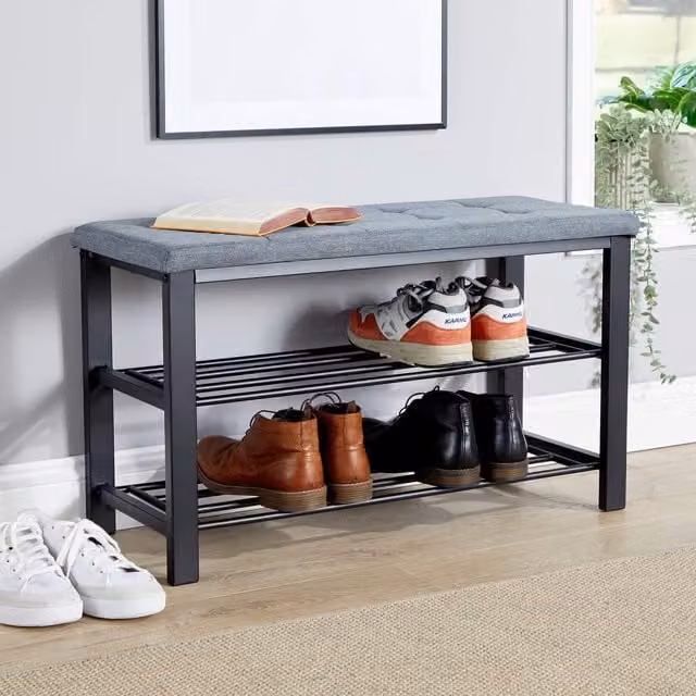 Home Source Metal Shoe Bench with Storage Shelves in Grey and Black – 1