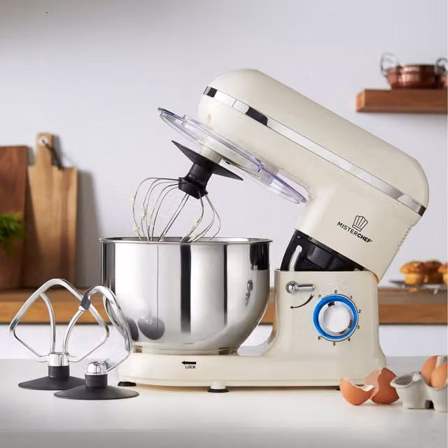 MisterChef Stand Mixer in Beige and White with 1600W Motor and Stainless Steel Parts